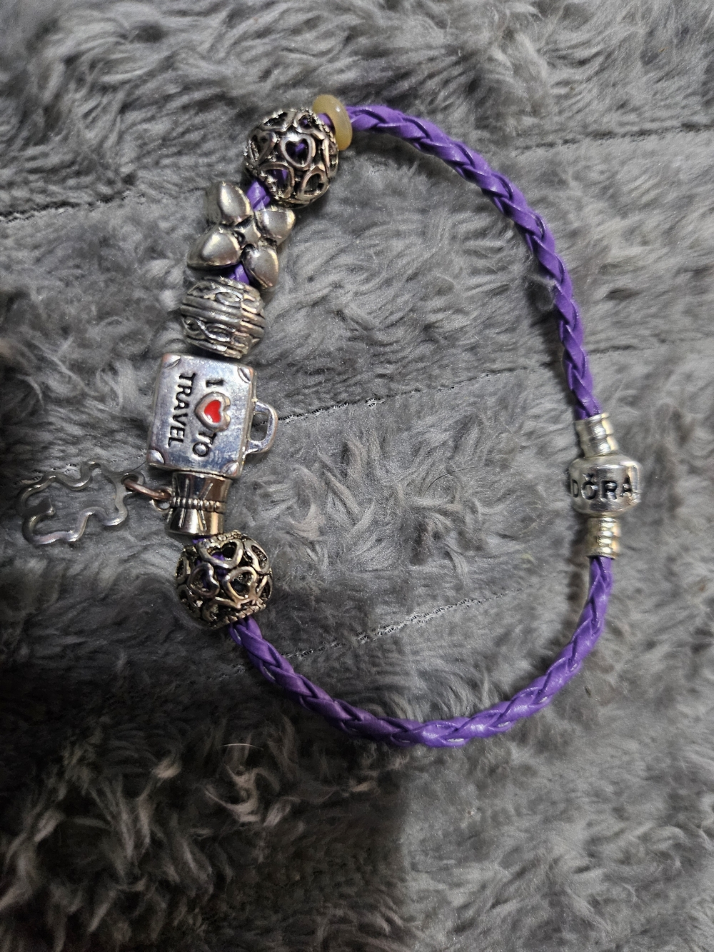Pandora Purple Braided Leather Charm Bracelet with Travel Motif And Charms